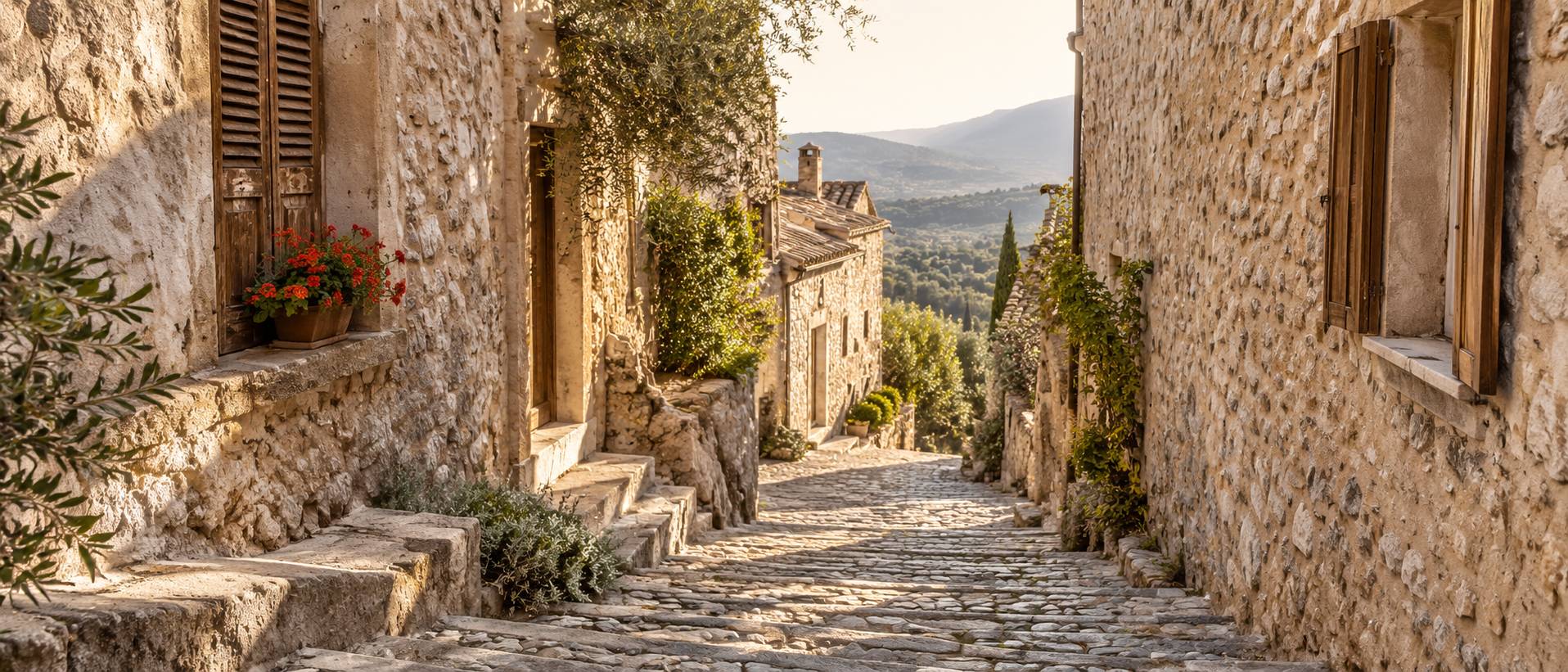 Ruelle pavée en pente entre murs de pierre avec volets patinés et jardinière de géraniums