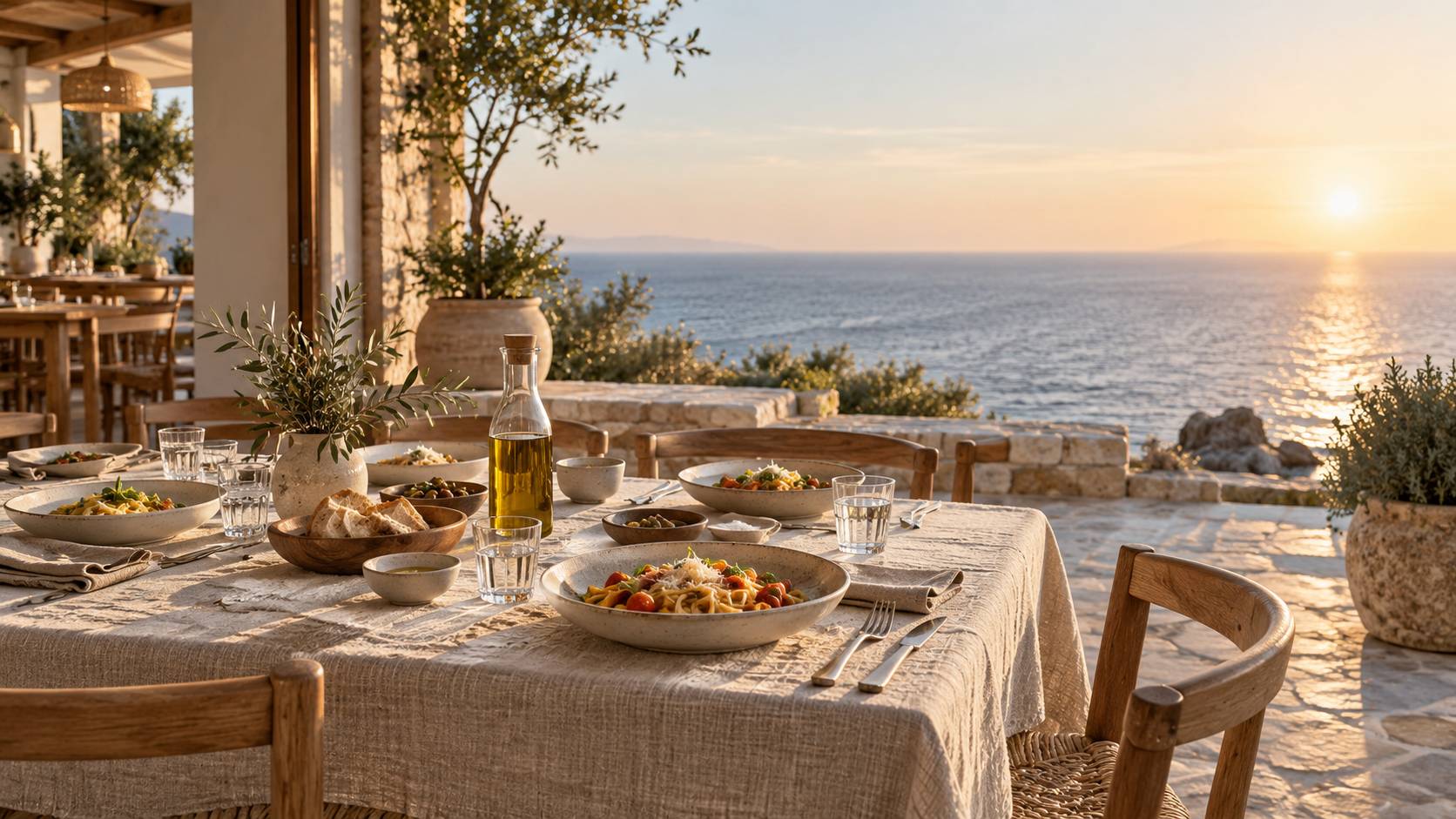 Table dressee en terrasse avec assiettes de pates et verres a eau