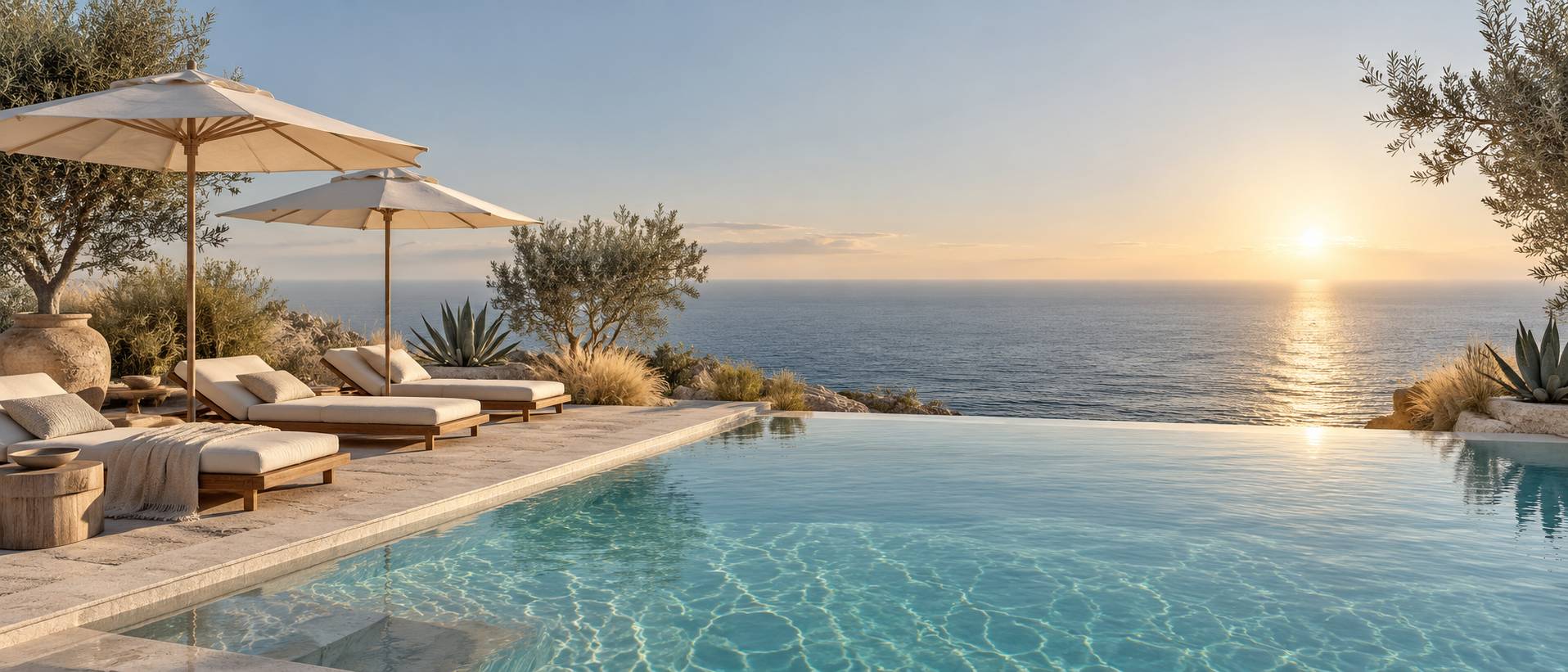 Terrasse de piscine en bord de mer avec transats et vue sur l'horizon