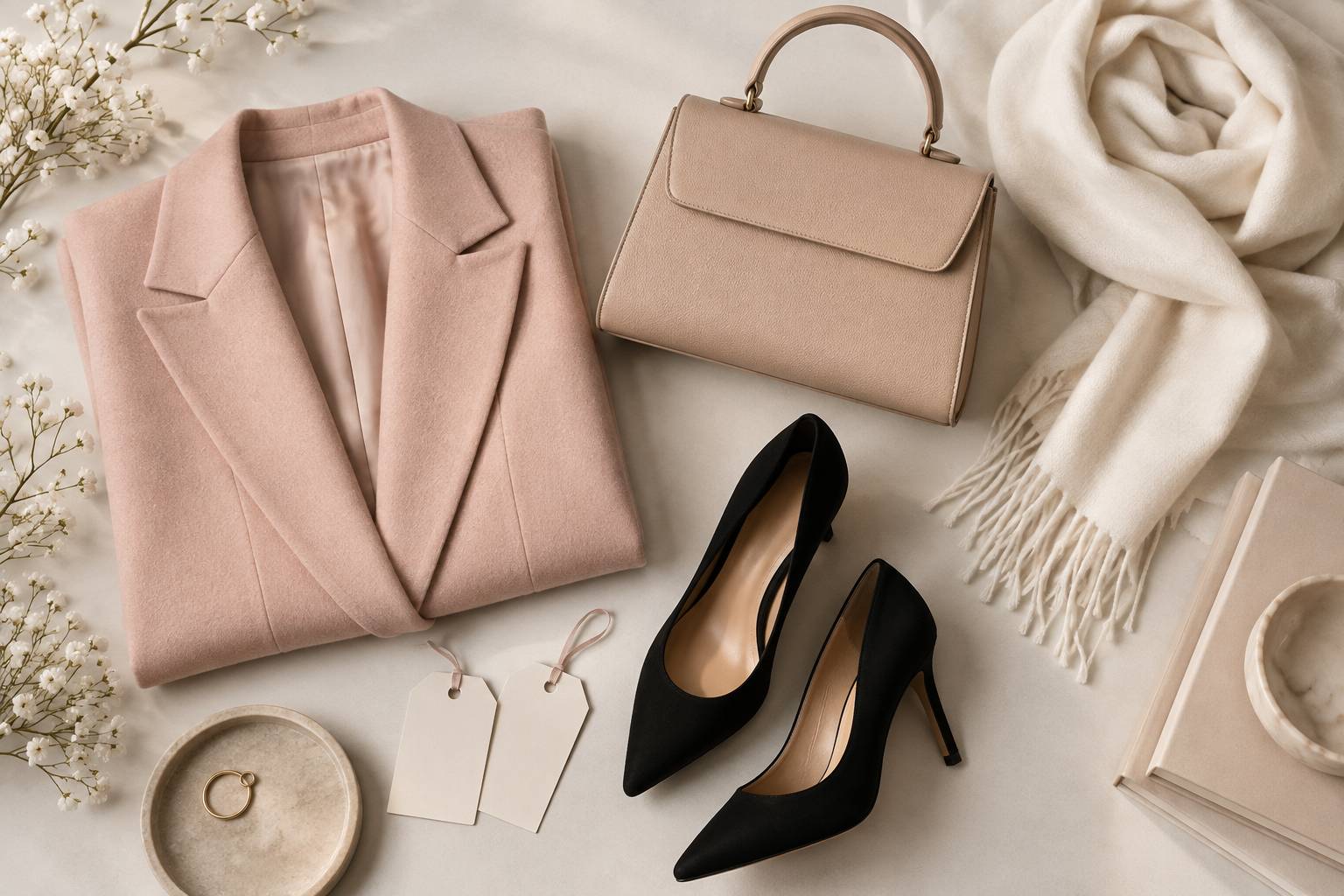 Vetements, sac et escarpins poses sur une table de dressing en plongee