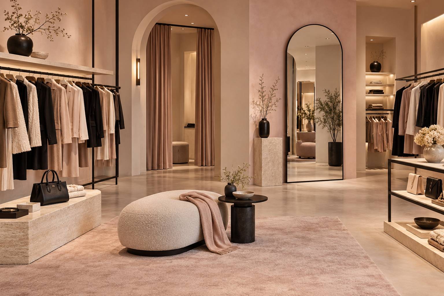 Boutique de mode elegante avec portants et presentoir d'accessoires