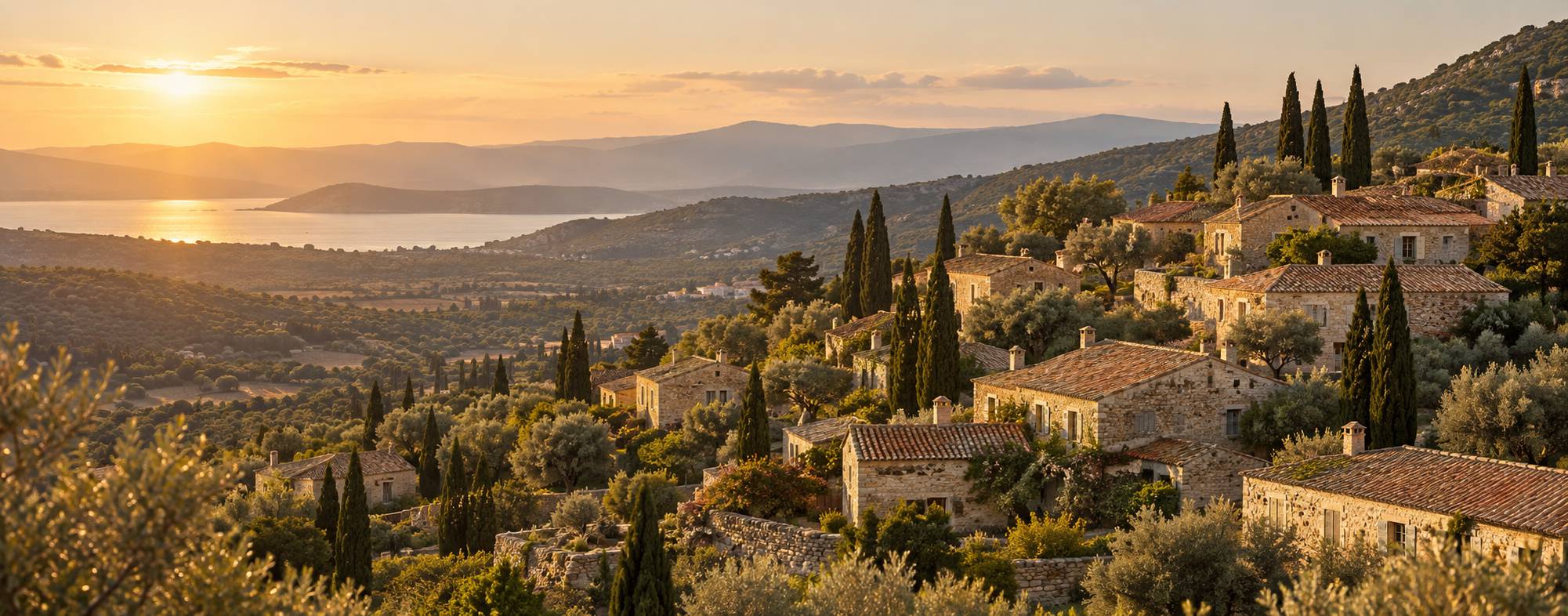Village perché en pierre sèche et toits de tuiles parmi les cyprès au coucher du soleil
